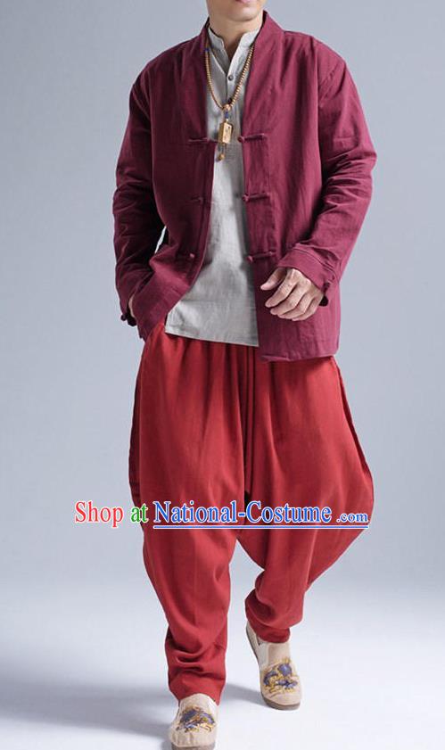 Traditional Top Chinese National Tang Suits Linen Front Opening Costume, Martial Arts Kung Fu Red Coats, Chinese Kung fu Plate Buttons Jacket, Chinese Taichi Short Coats Wushu Cardigan Clothing for Men