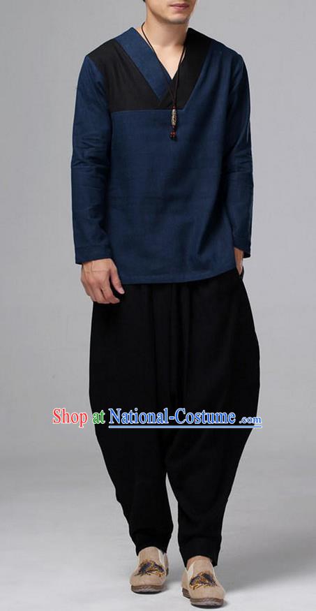 Traditional Top Chinese National Tang Suits Linen Costume, Martial Arts Kung Fu Long Sleeve Navy T-Shirt, Chinese Kung fu Upper Outer Garment Blouse, Chinese Taichi Shirts Wushu Clothing for Men