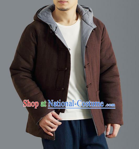 Traditional Top Chinese National Tang Suits Linen Front Opening Costume, Martial Arts Kung Fu Reversible Coffee-Grey Overcoat, Chinese Kung fu Plate Buttons Thin Upper Outer Garment Jacket, Chinese Taichi Thin Cotton-Padded Coats Wushu Clothing for Men