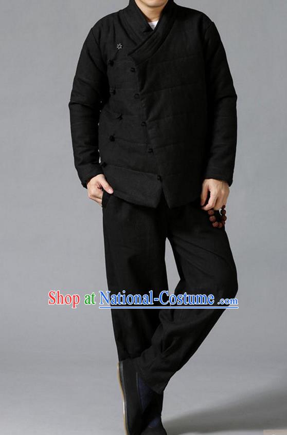 Traditional Top Chinese National Tang Suits Linen Slant Opening Costume, Martial Arts Kung Fu Black Overcoat, Chinese Kung fu Plate Buttons Upper Outer Garment Jacket, Chinese Taichi Thin Cotton-Padded Coats Wushu Clothing for Men