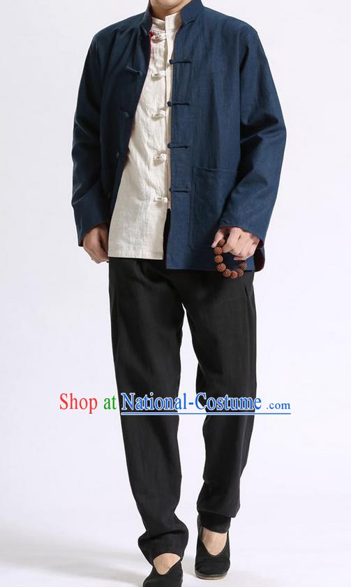 Traditional Top Chinese National Tang Suits Linen Front Opening Costume, Martial Arts Kung Fu Double-Color Reversible Red-Navy Overcoat, Chinese Kung fu Plate Buttons Thin Upper Outer Garment Jacket, Chinese Taichi Thin Coats Wushu Clothing for Men