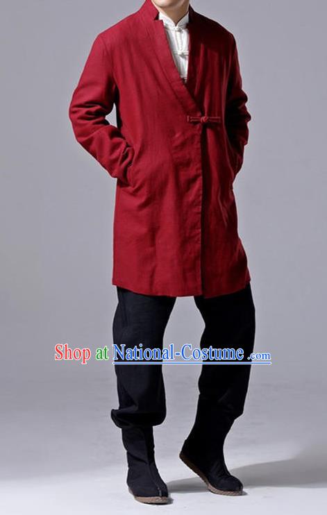 Traditional Top Chinese National Tang Suits Linen Slant Opening Costume, Martial Arts Kung Fu Red Overcoat, Chinese Kung fu Plate Buttons Upper Outer Garment Jacket, Chinese Taichi Thin Dust Coats Wushu Clothing for Men