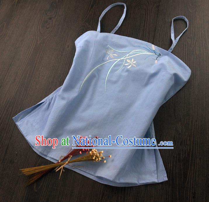 Traditional Ancient Chinese Costume Sun-Top, Elegant Hanfu Boob Tube Top Clothing Chinese Han Dynasty Embroidery Chlorophytum comosum Skyblue Condole Belt for Women