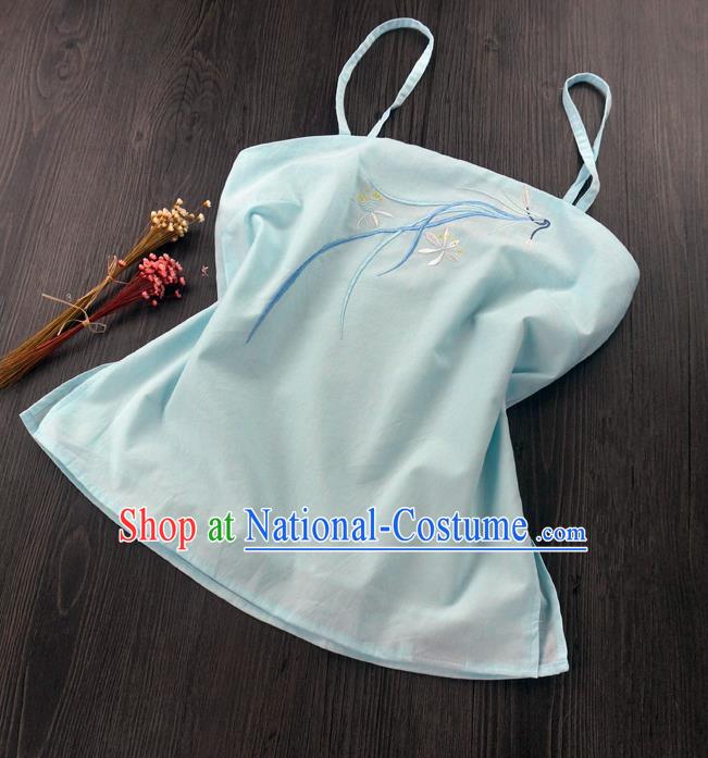 Traditional Ancient Chinese Costume Sun-Top, Elegant Hanfu Boob Tube Top Clothing Chinese Han Dynasty Embroidery Chlorophytum comosum Light Blue Condole Belt for Women