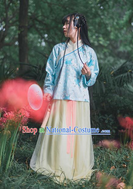 Traditional Ancient Chinese Female Costume Blouse, Elegant Hanfu Clothing Chinese Ming Dynasty Palace Lady Embroidered Oriental Cherry Blue Shirt Clothing for Women