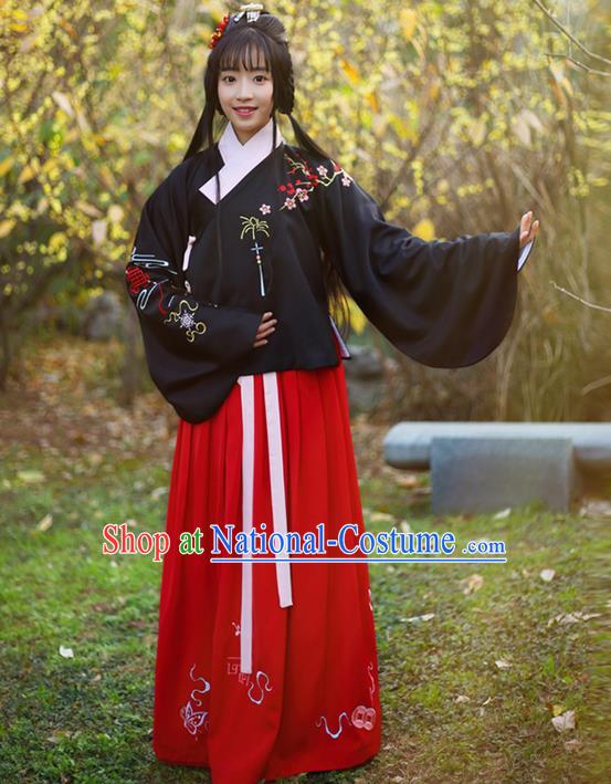 Traditional Ancient Chinese Female Costume Blouse and Dress Complete Set, Elegant Hanfu Clothing Chinese Ming Dynasty Palace Lady Embroidered Plum Blossom Clothing for Women