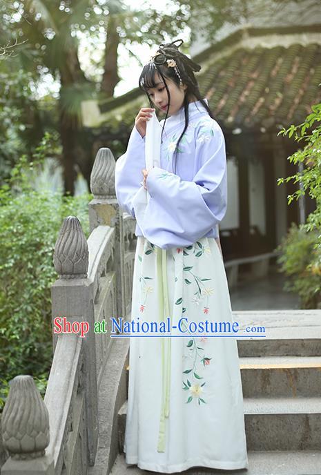 Traditional Ancient Chinese Female Costume Blouse and Dress Complete Set, Elegant Hanfu Clothing Chinese Ming Dynasty Palace Lady Embroidered Gardenia Clothing for Women