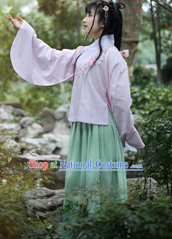 Traditional Ancient Chinese Female Costume Blouse and Skirt Complete Set, Elegant Hanfu Clothing Chinese Ming Dynasty Palace Lady Embroidered Peach Blossom Pink Clothing for Women