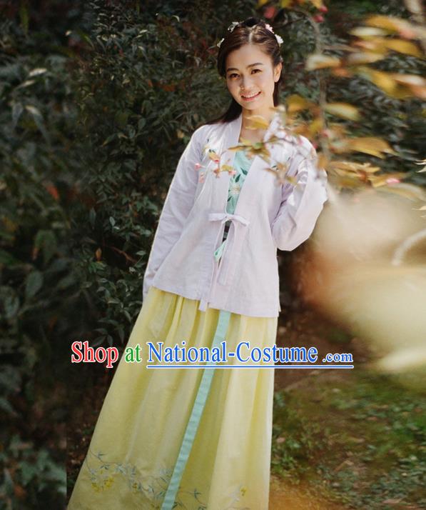 Traditional Ancient Chinese Female Costume Blouse and Dress Complete Set, Elegant Hanfu Front Opening Clothing Chinese Ming Dynasty Palace Lady Embroidered Gardenia Clothing for Women