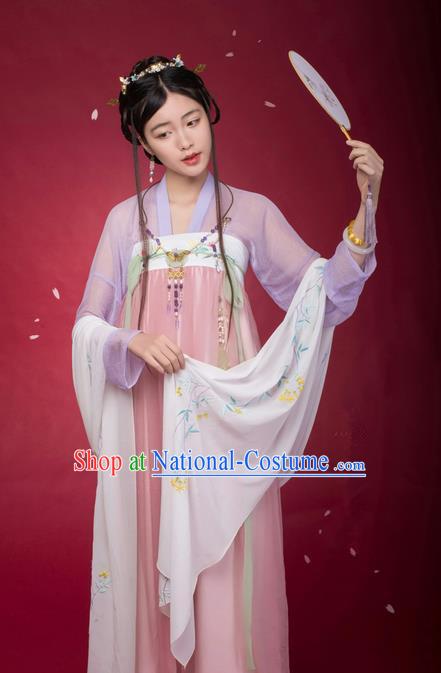 Traditional Ancient Chinese Female Costume Blouse and Dress Complete Set, Elegant Hanfu Clothing Chinese Ming Dynasty Palace Lady Embroidered Orchid Clothing for Women