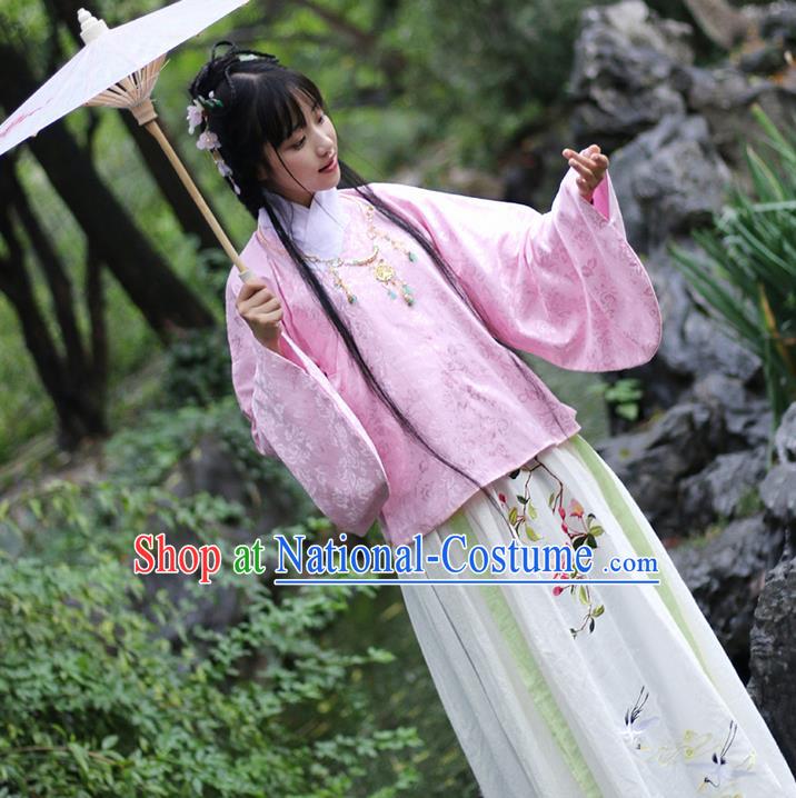 Traditional Ancient Chinese Female Costume Blouse and Skirt Complete Set, Elegant Hanfu Clothing Chinese Ming Dynasty Palace Lady Embroidered Begonia Crane Clothing for Women