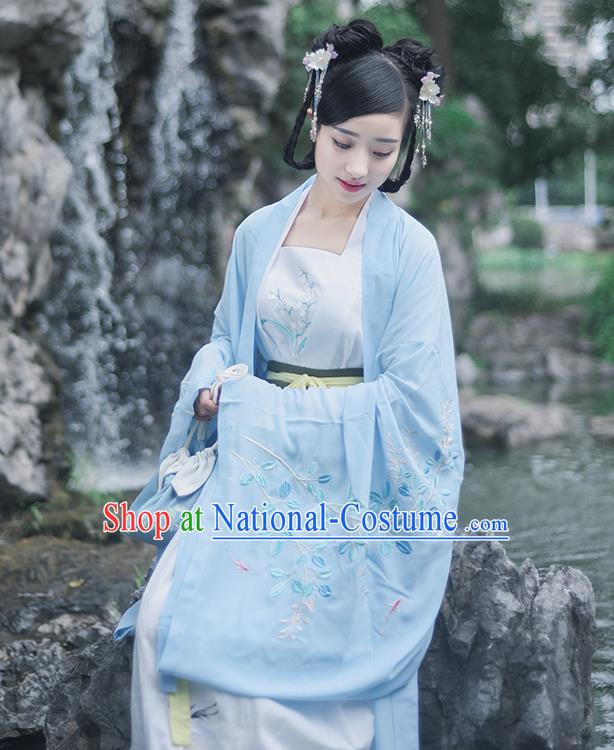 Traditional Ancient Chinese Female Costume Wide Sleeve Cardigan and Dress Complete Set, Elegant Hanfu Underpants Clothing Chinese Tang Dynasty Palace Lady Embroidered Semen Cassiae Clothing for Women