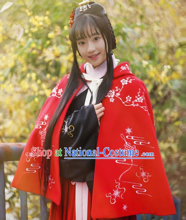 Traditional Ancient Chinese Female Costume Woolen Cardigan, Elegant Hanfu Short Cloak Chinese Ming Dynasty Palace Lady Embroidered Plum Blossom Hooded Red Cape Clothing for Women