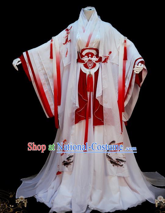 Traditional Asian Chinese Princess Costume, Elegant Hanfu Dance Wide Sleeves Dress, Chinese Imperial Princess Tailing Printing Fancy Carp Clothing, Chinese Cosplay Fairy Princess Empress Queen Cosplay Costumes for Women