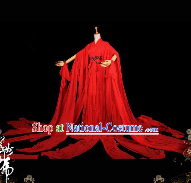 Traditional Asian Chinese Princess Costume, Elegant Hanfu Water Sleeve Dance Dress, Chinese Imperial Princess Tailing Embroidered Red Clothing, Chinese Cosplay Fairy Princess Empress Queen Cosplay Costumes for Women