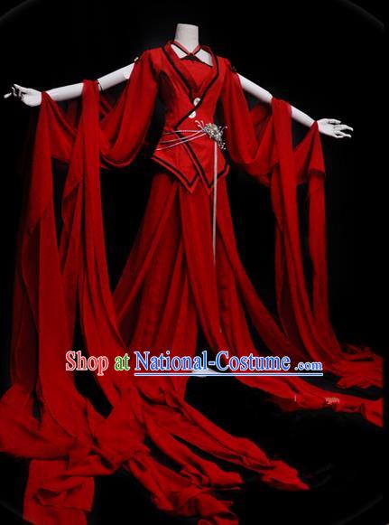 Traditional Asian Chinese Ancient Palace Princess Costume, Elegant Hanfu Red Water Sleeve Dance Dress, Chinese Imperial Princess Tailing Clothing, Chinese Cosplay Fairy Princess Empress Queen Cosplay Costumes for Women