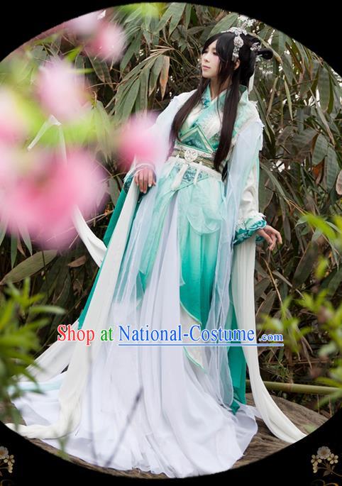 Traditional Asian Chinese Ancient Palace Princess Costume, Elegant Hanfu Blue Water Sleeve Dance Dress, Chinese Imperial Princess Tailing Clothing, Chinese Cosplay Fairy Princess Empress Queen Cosplay Costumes for Women