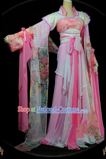 Traditional Asian Chinese Ancient Palace Princess Costume, Elegant Hanfu Pink Dress, Chinese Imperial Princess Tailing Embroidered Clothing, Chinese Cosplay Fairy Princess Empress Queen Cosplay Costumes for Women