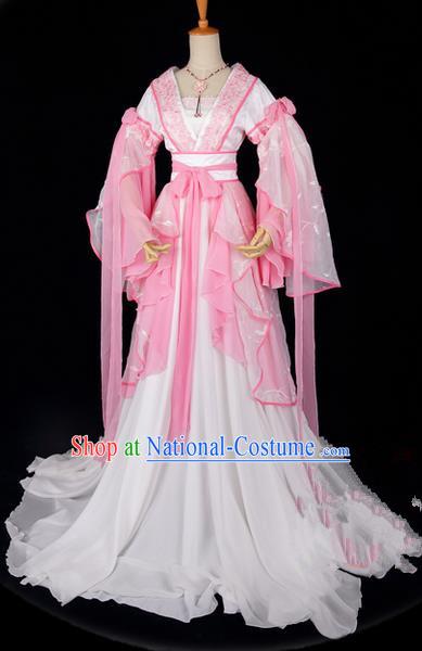 Traditional Asian Chinese Ancient Palace Princess Costume, Elegant Hanfu Embroidered Peach Blossom Pink Dress, Chinese Imperial Princess Tailing Embroidered Epiphyllum Clothing, Chinese Cosplay Fairy Princess Empress Queen Cosplay Costumes for Women