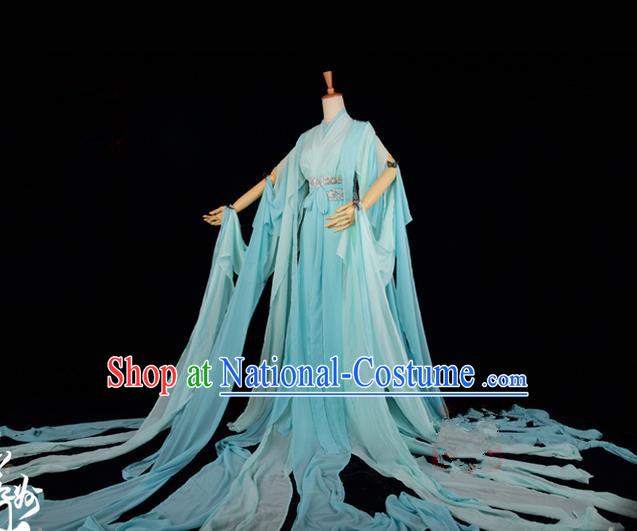 Traditional Asian Chinese Ancient Palace Princess Costume, Elegant Hanfu Water Sleeve Light Green Dress, Chinese Imperial Princess Tailing Clothing, Chinese Fairy Princess Empress Queen Cosplay Costumes for Women