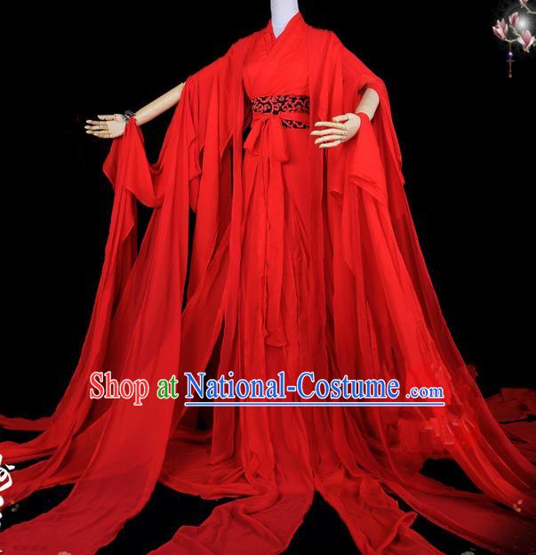 Traditional Asian Chinese Ancient Palace Princess Costume, Elegant Hanfu Water Sleeve Red Dress, Chinese Imperial Princess Tailing Red Clothing, Chinese Fairy Princess Empress Queen Cosplay Costumes for Women