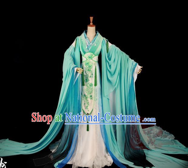 Traditional Asian Chinese Ancient Palace Princess Costume, Elegant Hanfu Wide Sleeve Light Blue Dress, Chinese Imperial Princess Tailing Clothing, Chinese Fairy Princess Empress Queen Cosplay Costumes for Women