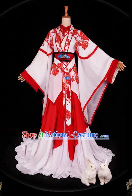 Traditional Ancient Chinese Imperial Consort Costume, Elegant Hanfu Ink Painting Dress Chinese Tang Dynasty Imperial Empress Printing Flowers Tailing Clothing for Women