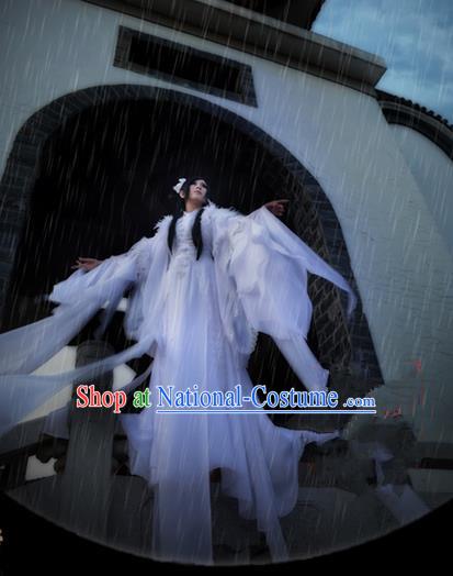 Traditional Asian Chinese Ancient Palace Princess Feather Costume, Elegant Hanfu Water Sleeve White Dance Dress, Chinese Imperial Princess Tailing Embroidered Clothing, Chinese Cosplay Fairy Princess Empress Queen Cosplay Costumes for Women