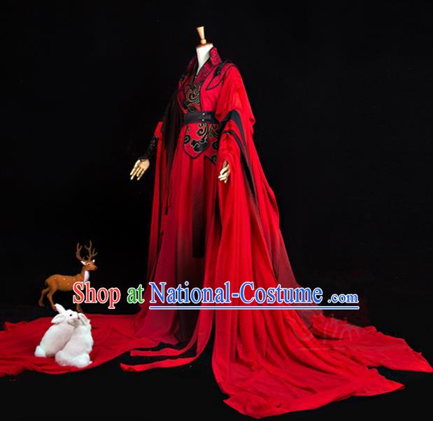 Traditional Ancient Chinese Imperial Consort Costume, Elegant Hanfu Cosplay Fairy Red Wedding Dress Chinese Han Dynasty Imperial Empress Embroidered Flowers Tailing Clothing for Women