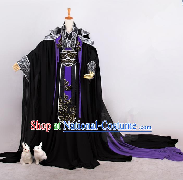 Traditional Asian Chinese Ancient Nobility Childe Costume, Elegant Hanfu Embroidered Black Dress, Chinese Imperial Prince Tailing Embroidered Clothing, Chinese Cosplay Prince Costumes for Men