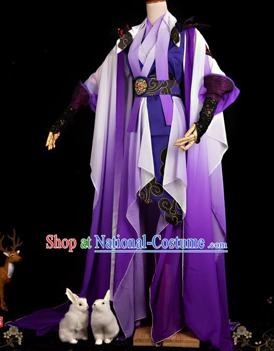 Traditional Ancient Chinese Swordsman Costume, Elegant Hanfu Cosplay Fairy Purple Dress Chinese Han Dynasty Imperial Empress Embroidered Tailing Clothing for Women