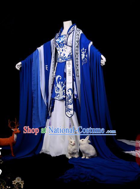 Traditional Ancient Chinese Swordsman Costume, Elegant Hanfu Cosplay Fairy Deep Blue Wide Sleeve Dress Chinese Han Dynasty Imperial Empress Printing Phoenix Tailing Clothing for Women