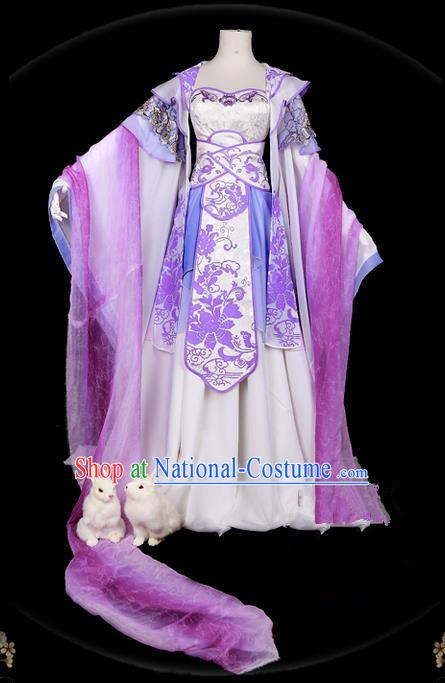 Traditional Ancient Chinese Swordsman Costume, Elegant Hanfu Cosplay Fairy Purple Wide Sleeve Dress Chinese Han Dynasty Imperial Empress Embroidery Tailing Clothing for Women