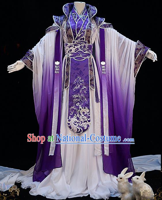 Traditional Ancient Chinese Palace Queen Costume, Elegant Hanfu Cosplay Fairy Purple Wide Sleeve Dress Chinese Han Dynasty Imperial Empress Embroidery Tailing Clothing for Women