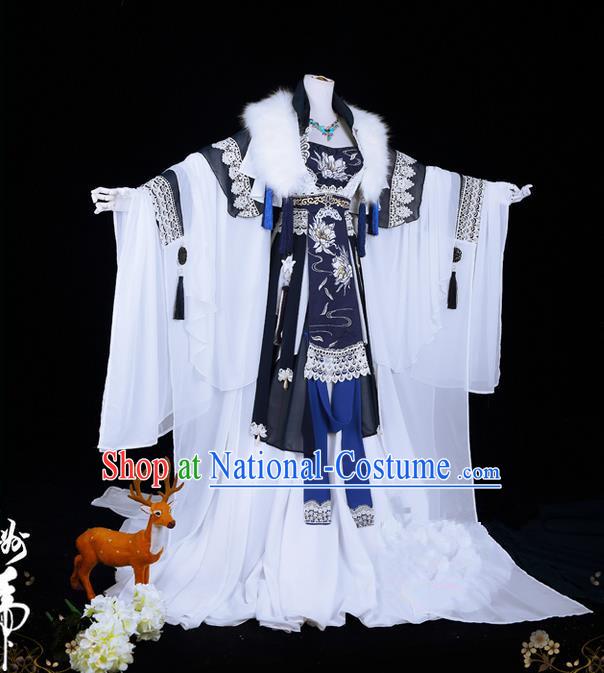 Traditional Ancient Chinese Palace Queen Costume, Elegant Hanfu Cosplay Fairy Wide Sleeve Dress Chinese Tang Dynasty Imperial Empress Embroidery Epiphyllum Cloud Tailing Clothing for Women