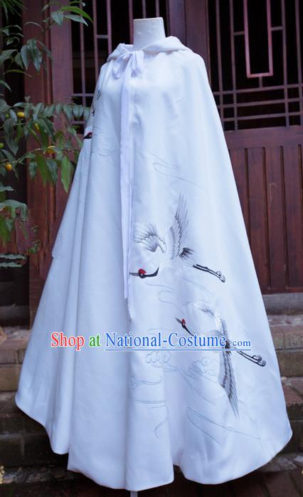 Traditional Asian Chinese Ancient Princess White Cloak Costume, Elegant Hanfu Mantle Clothing, Chinese Imperial Princess Embroidered Crane Hooded Cape Costumes for Women