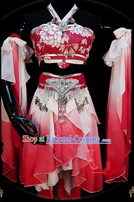 Traditional Ancient Chinese Palace Pink Costume, Elegant Hanfu Cosplay Fairy Water Sleeve Dance Short Dress, Chinese Han Dynasty Imperial Princess Clothing for Women