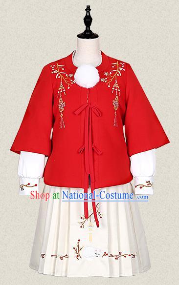 Traditional Ancient Chinese Female Costume Woolen Coat and Skirt Complete Set, Elegant Hanfu Clothing Chinese Ming Dynasty Palace Lady Embroidered Clothing for Women