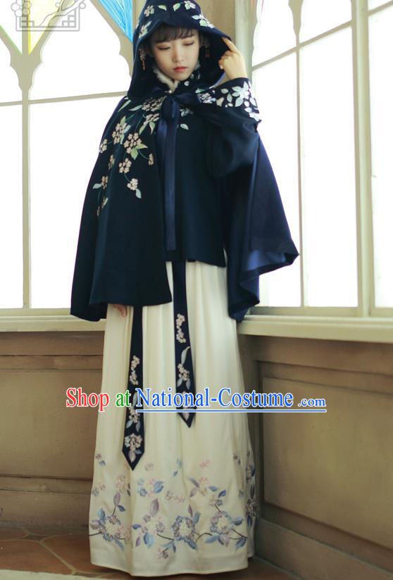 Traditional Asian Chinese Ancient Princess Woolen Navy Cloak Costume, Elegant Hanfu Mantle Clothing, Chinese Imperial Princess Embroidered Hooded Cape Costumes for Women