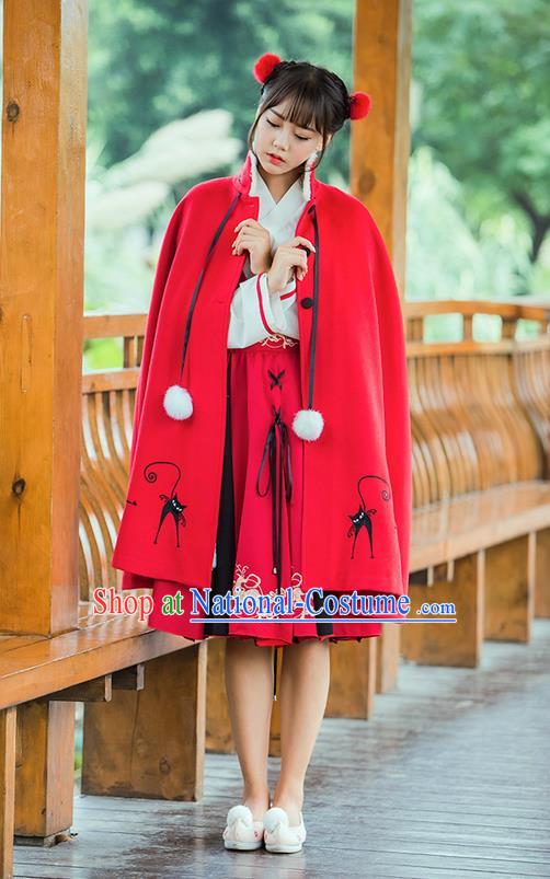 Traditional Asian Chinese Ancient Princess Woolen Red Cloak Costume, Elegant Hanfu Mantle Clothing, Chinese Imperial Princess Embroidered Deer Hooded Cape Costumes for Women