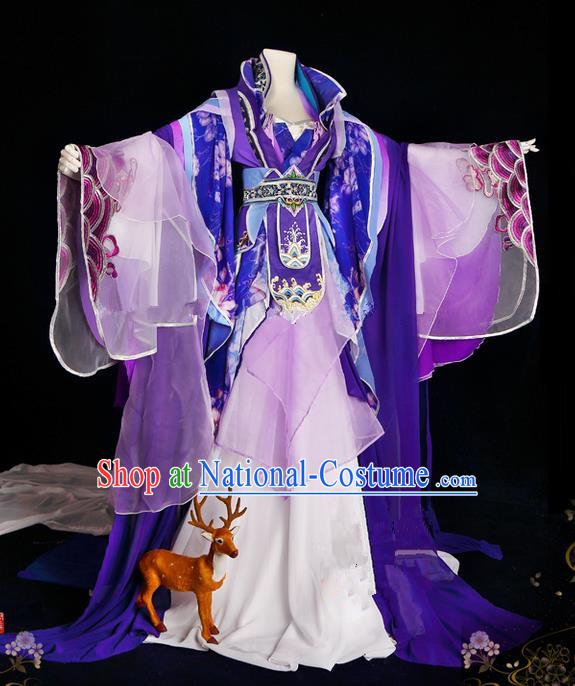 Traditional Ancient Chinese Palace Queen Costume, Elegant Hanfu Cosplay Fairy Purple Wide Sleeve Dress Chinese Tang Dynasty Imperial Empress Embroidery Flowers Tailing Clothing for Women