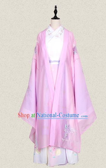 Traditional Ancient Chinese Female Costume Wide Sleeve Cardigan Blouse and Dress Complete Set, Elegant Hanfu Clothing Chinese Tang Dynasty Palace Lady Embroidered Pink Cassiae Clothing for Women