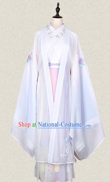 Traditional Ancient Chinese Female Costume Wide Sleeve Cardigan Blouse and Dress Complete Set, Elegant Hanfu Clothing Chinese Tang Dynasty Palace Lady Embroidered White Cassiae Clothing for Women