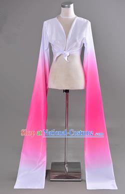 Traditional Chinese Long Sleeve Water Sleeve Dance Suit China Folk Dance Koshibo Long White and Pink Gradient Ribbon for Women