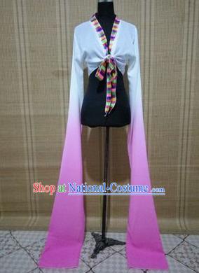 Traditional Chinese Long Sleeve Tibetan Nationality Water Sleeve Dance Suit China Folk Dance Koshibo Long White and Pink Gradient Ribbon for Women