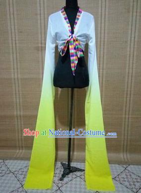 Traditional Chinese Long Sleeve Tibetan Nationality Water Sleeve Dance Suit China Folk Dance Koshibo Long White and Yellow Gradient Ribbon for Women