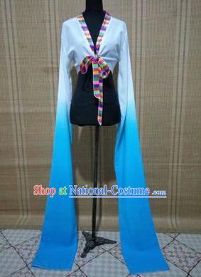 Traditional Chinese Long Sleeve Tibetan Nationality Water Sleeve Dance Suit China Folk Dance Koshibo Long White and Blue Gradient Ribbon for Women