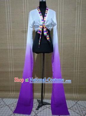 Traditional Chinese Long Sleeve Tibetan Nationality Water Sleeve Dance Suit China Folk Dance Koshibo Long White and Purple Gradient Ribbon for Women