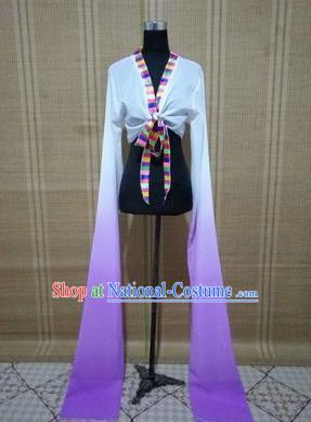 Traditional Chinese Long Sleeve Tibetan Nationality Water Sleeve Dance Suit China Folk Dance Koshibo Long White and Lilac Gradient Ribbon for Women