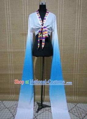 Traditional Chinese Long Sleeve Tibetan Nationality Water Sleeve Dance Suit China Folk Dance Koshibo Long White and Blue Gradient Ribbon for Women